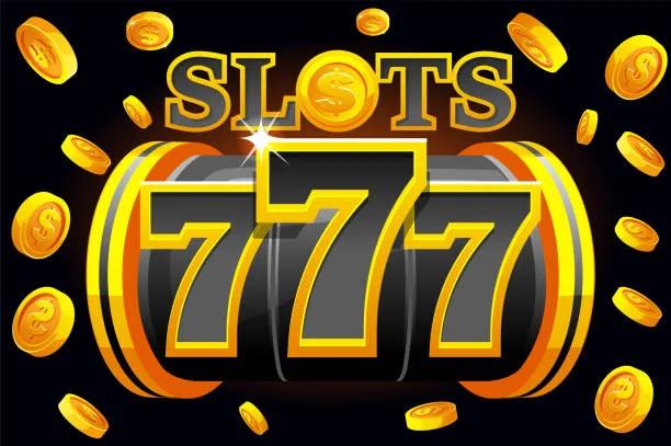 Illustrated slot reels showing three sevens, surrounded by gold coins