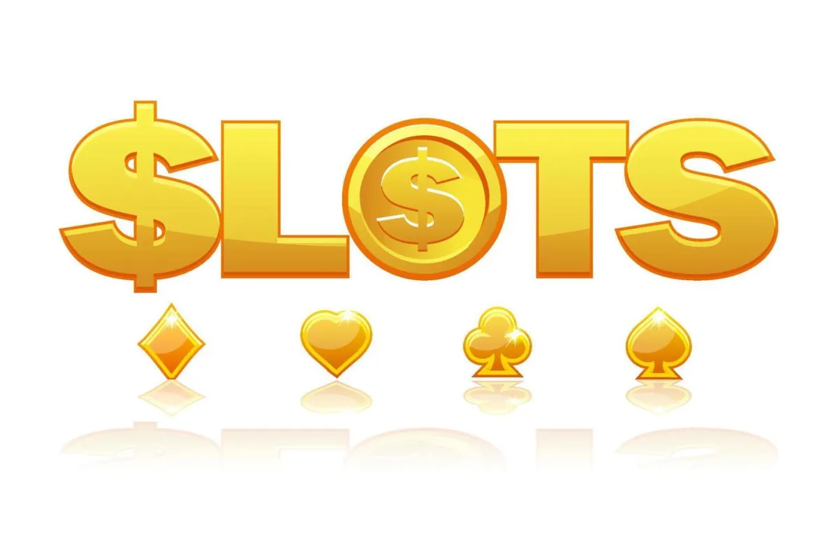 The word SLOTS set in gold beside the four card suits